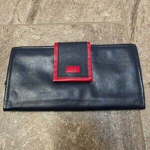 Vtg 70s Buxton Blue Red Leather Clutch Long Wallet Coin Purse Gold Kiss Lock